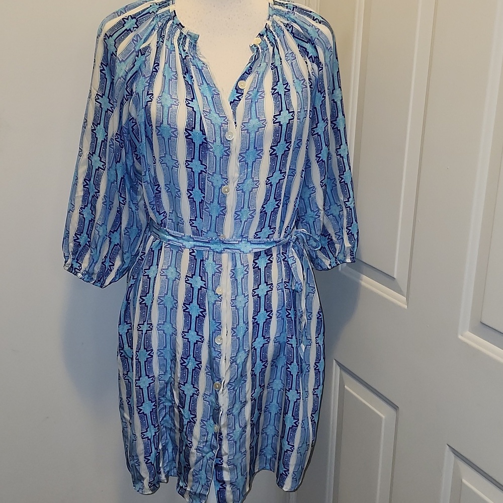 Tucker Silk Dress Blue Medium W Belt Button